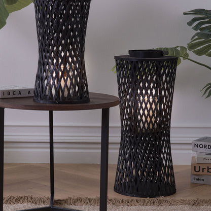 Boho Bamboo Candle Lantern Black 38cm With Glass Candle Holder For Indoor Ambience