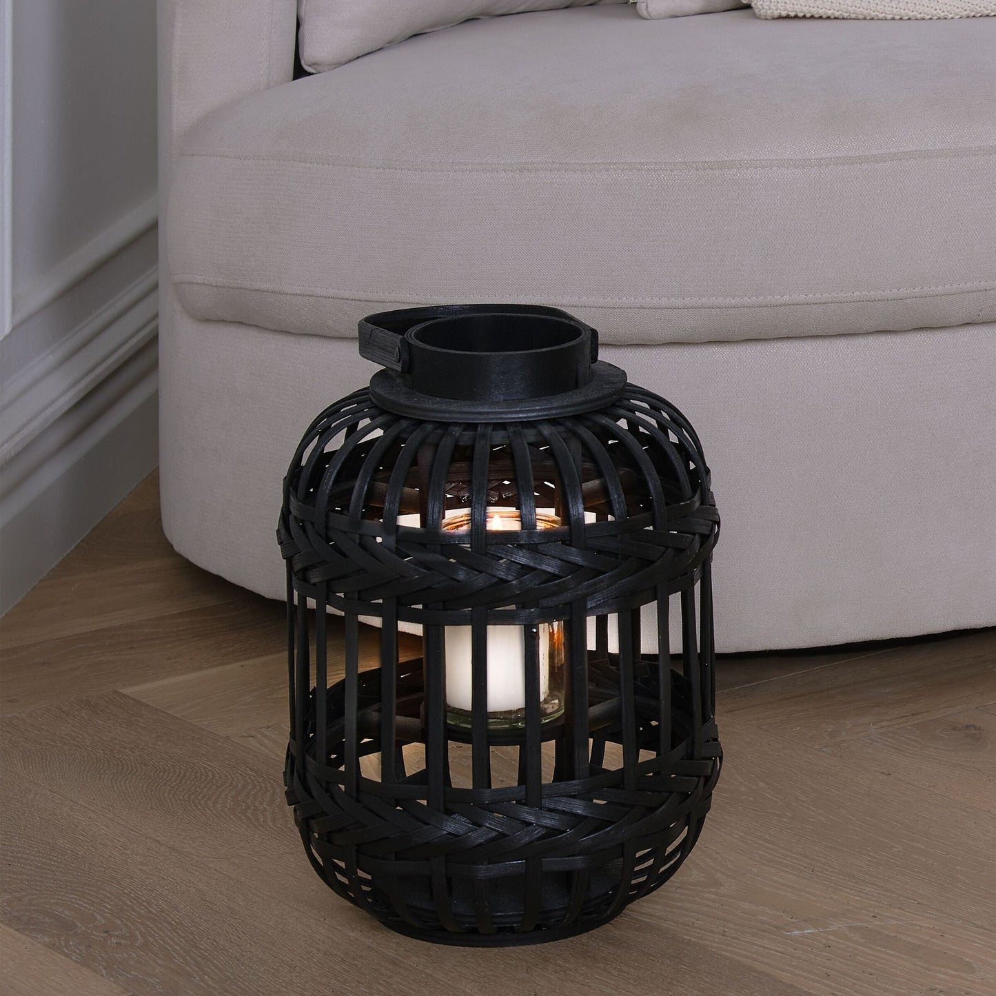 Candle Lantern Black Bamboo Wood 30cm Glass Holder