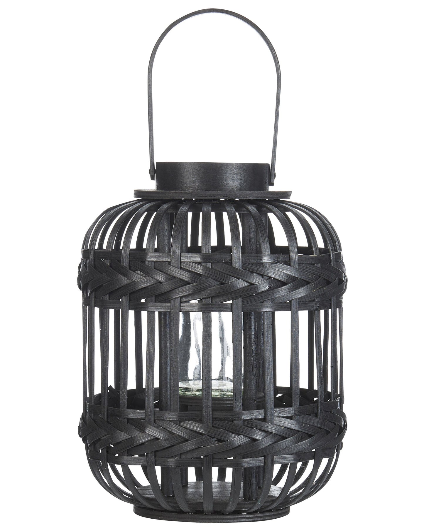 Candle Lantern Black Bamboo Wood 30cm Glass Holder