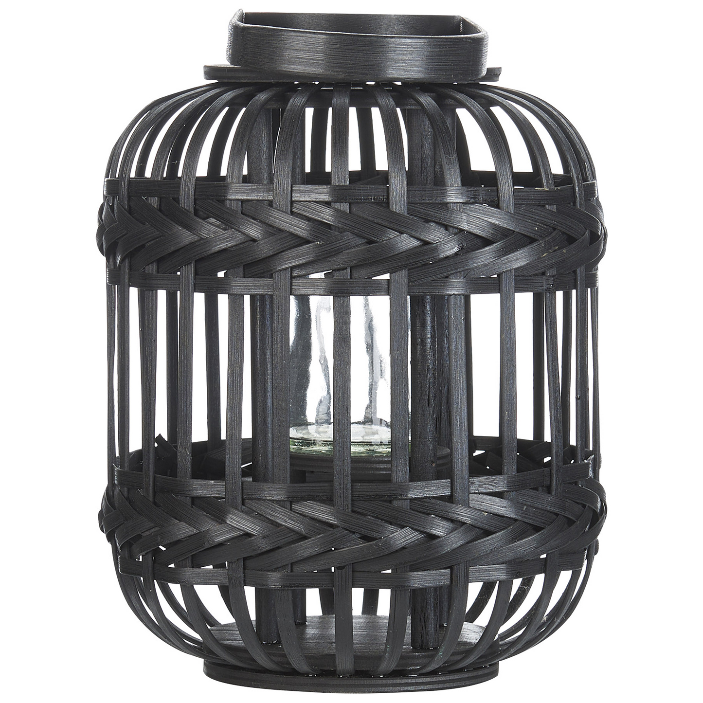 Candle Lantern Black Bamboo Wood 30cm Glass Holder