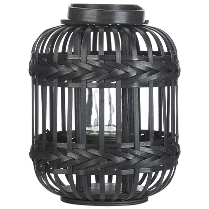 Candle Lantern Black Bamboo Wood 30cm Glass Holder