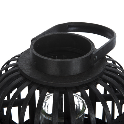 Candle Lantern Black Bamboo Wood 30cm Glass Holder