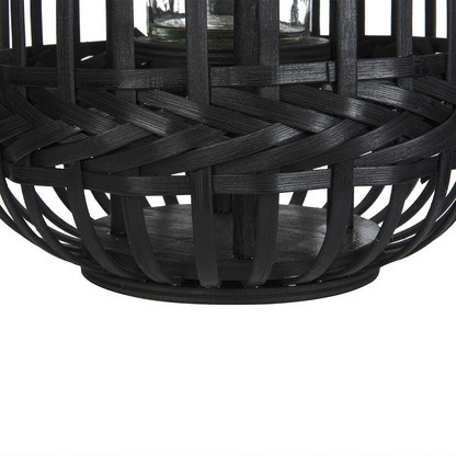 Candle Lantern Black Bamboo Wood 30cm Glass Holder