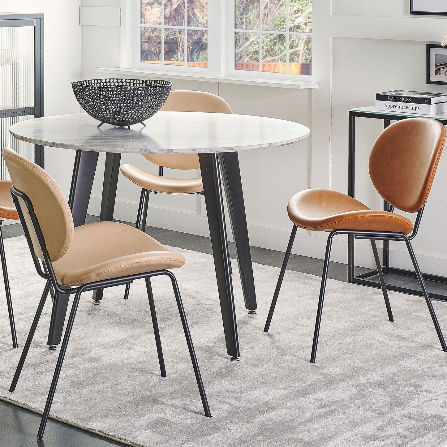Set of 2 Armless Dining Chairs Sand Beige Faux PU Leather Black Iron Legs Contemporary