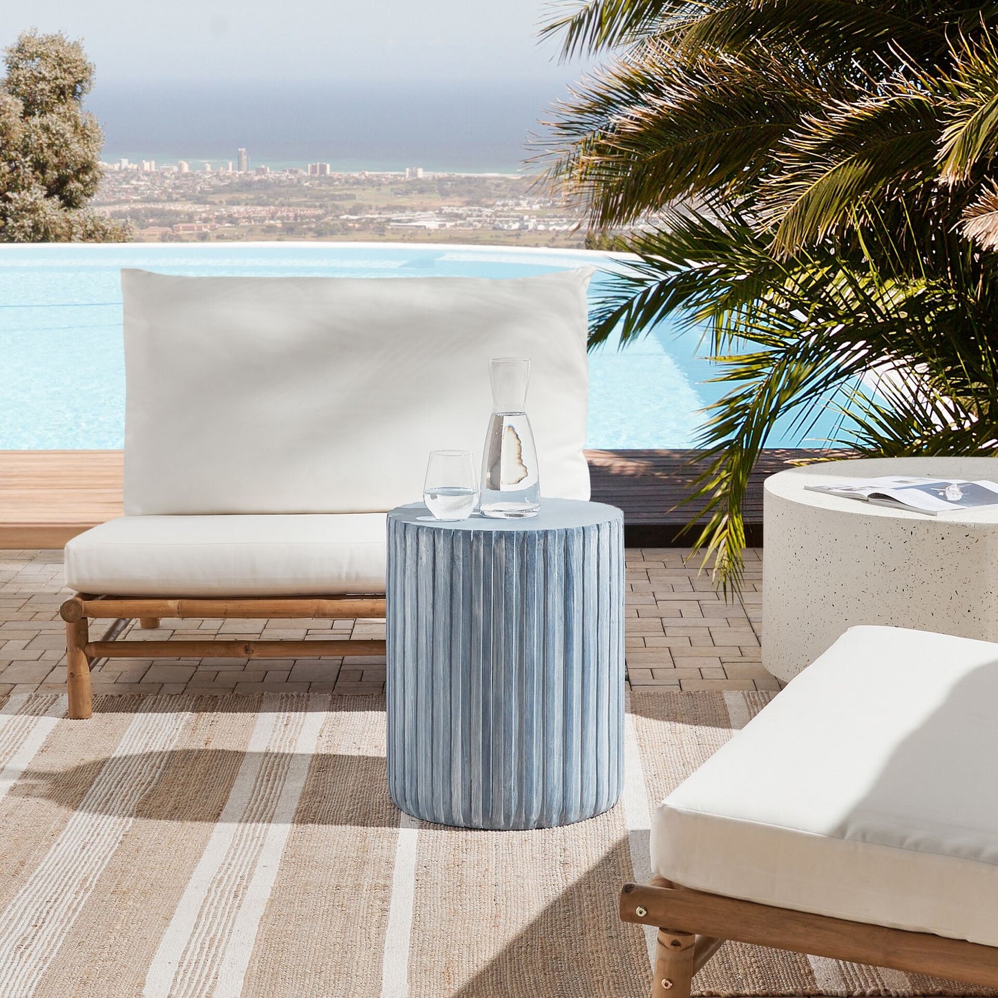 Accent Side Table Light Grey Fiberglass 39cm Round Drum Outdoor