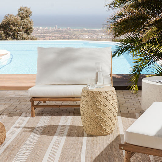 Accent Light Beige Fiberglass Outdoor Round Drum Side Table