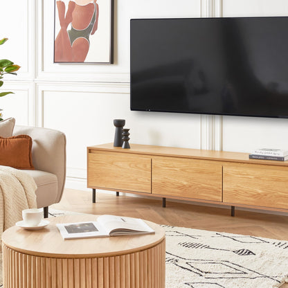 TV Stand In Light Brown Particle Board With Black Metal Legs 3 Door Storage Unit For Modern Living Room