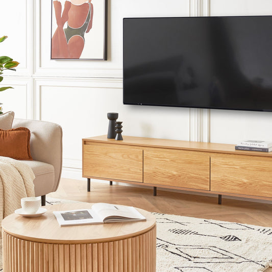 TV Stand In Light Brown Particle Board With Black Metal Legs 3 Door Storage Unit For Modern Living Room