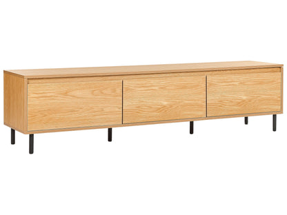 TV Stand In Light Brown Particle Board With Black Metal Legs 3 Door Storage Unit For Modern Living Room