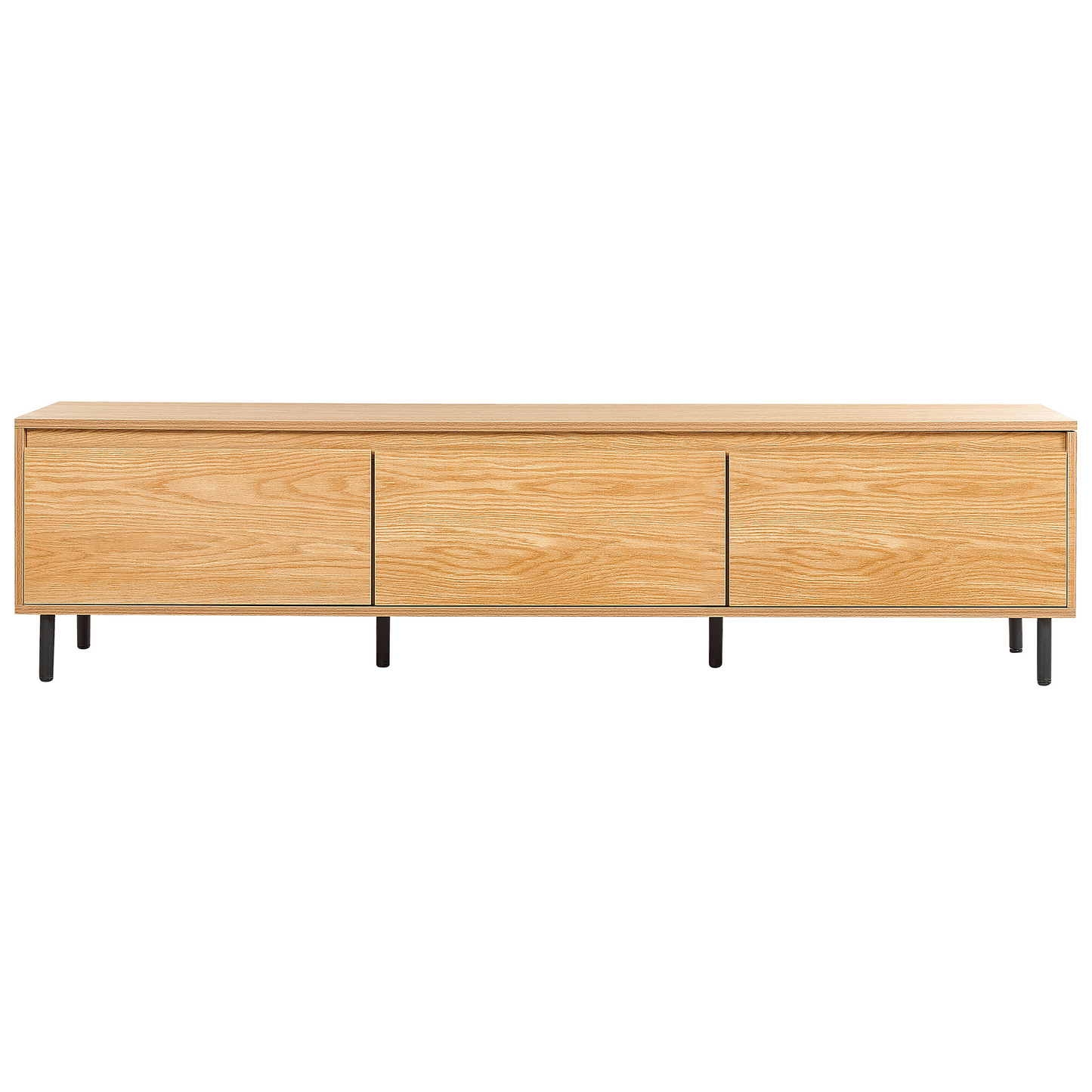 TV Stand In Light Brown Particle Board With Black Metal Legs 3 Door Storage Unit For Modern Living Room