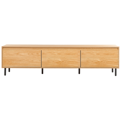 TV Stand In Light Brown Particle Board With Black Metal Legs 3 Door Storage Unit For Modern Living Room
