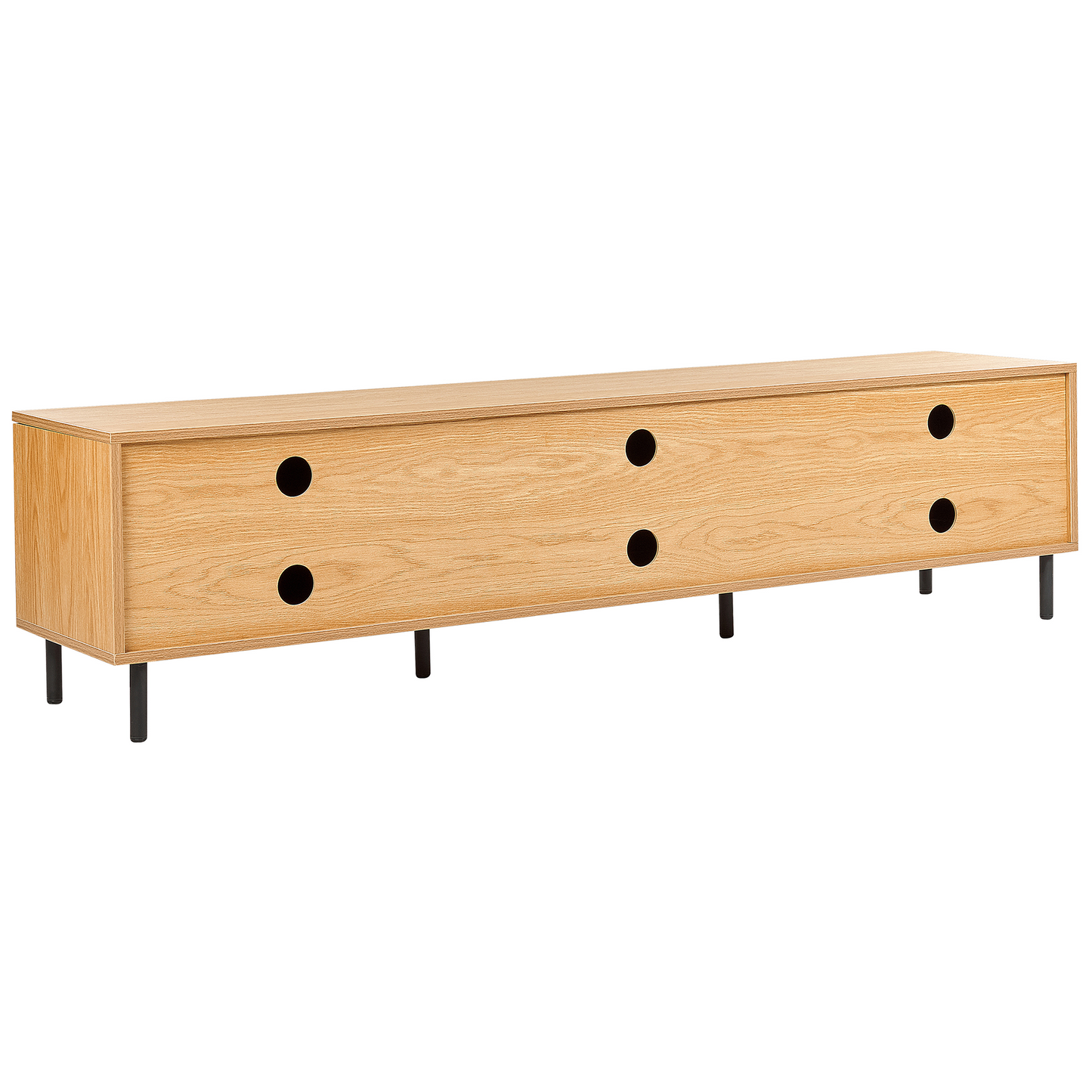 TV Stand In Light Brown Particle Board With Black Metal Legs 3 Door Storage Unit For Modern Living Room