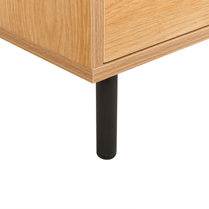 TV Stand In Light Brown Particle Board With Black Metal Legs 3 Door Storage Unit For Modern Living Room