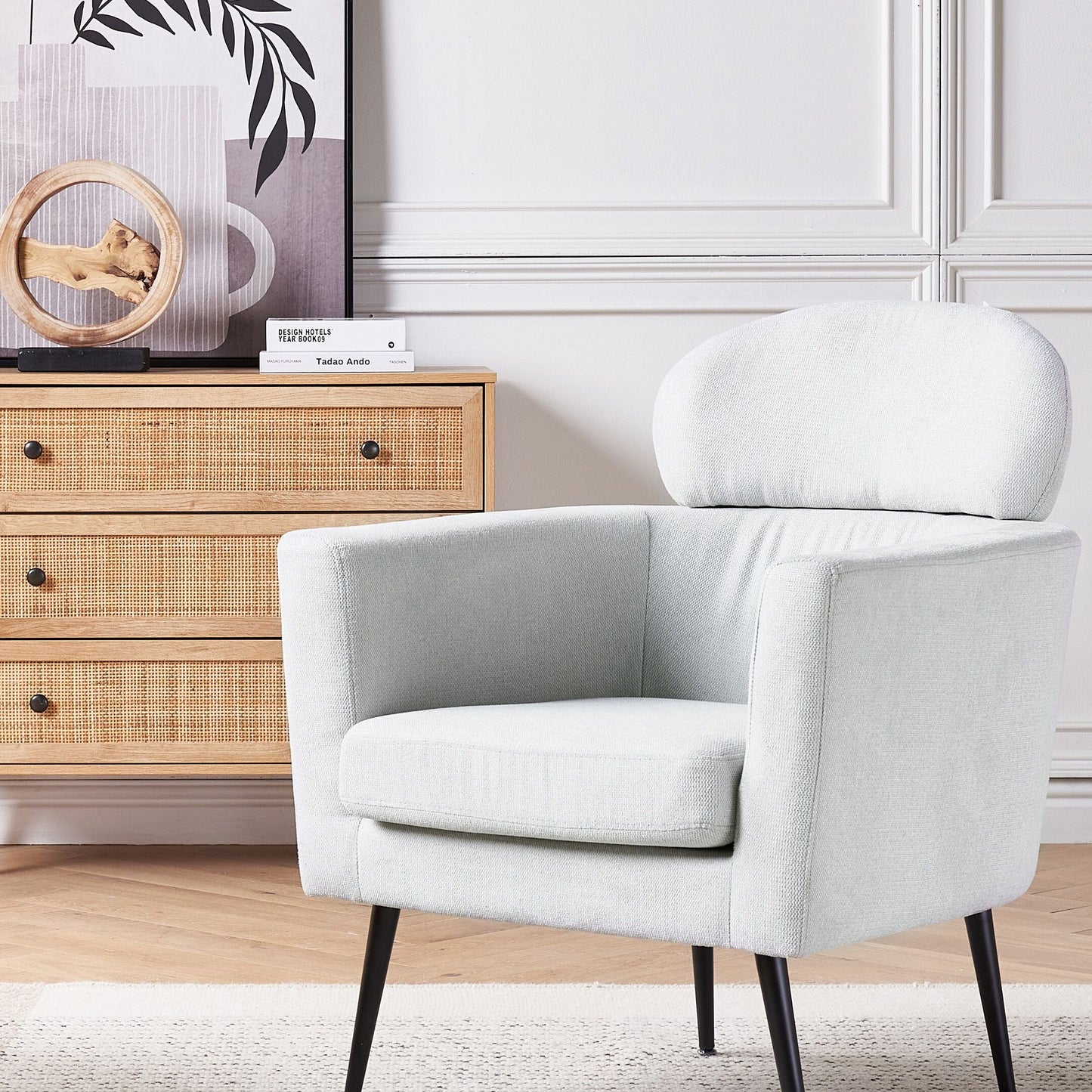 Armchair Light Grey Fabric Upholstery With Black Legs And Headrest Backrest Retro Glam