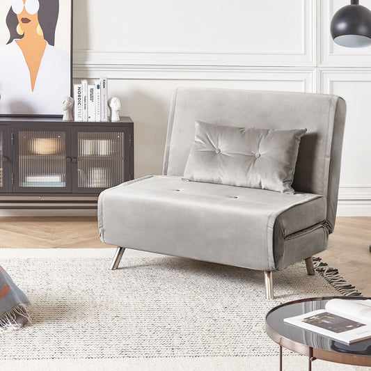 Sofa Bed Light Grey Velvet Upholstery Single Sleeper Fold Out Chair Bed With Cushion Modern Design