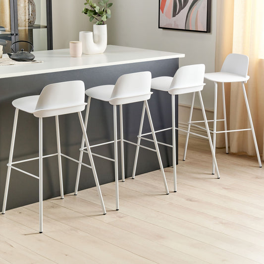 Set Of 4 White Bar Stools With Synthetic Seats And Metal Legs 90cm