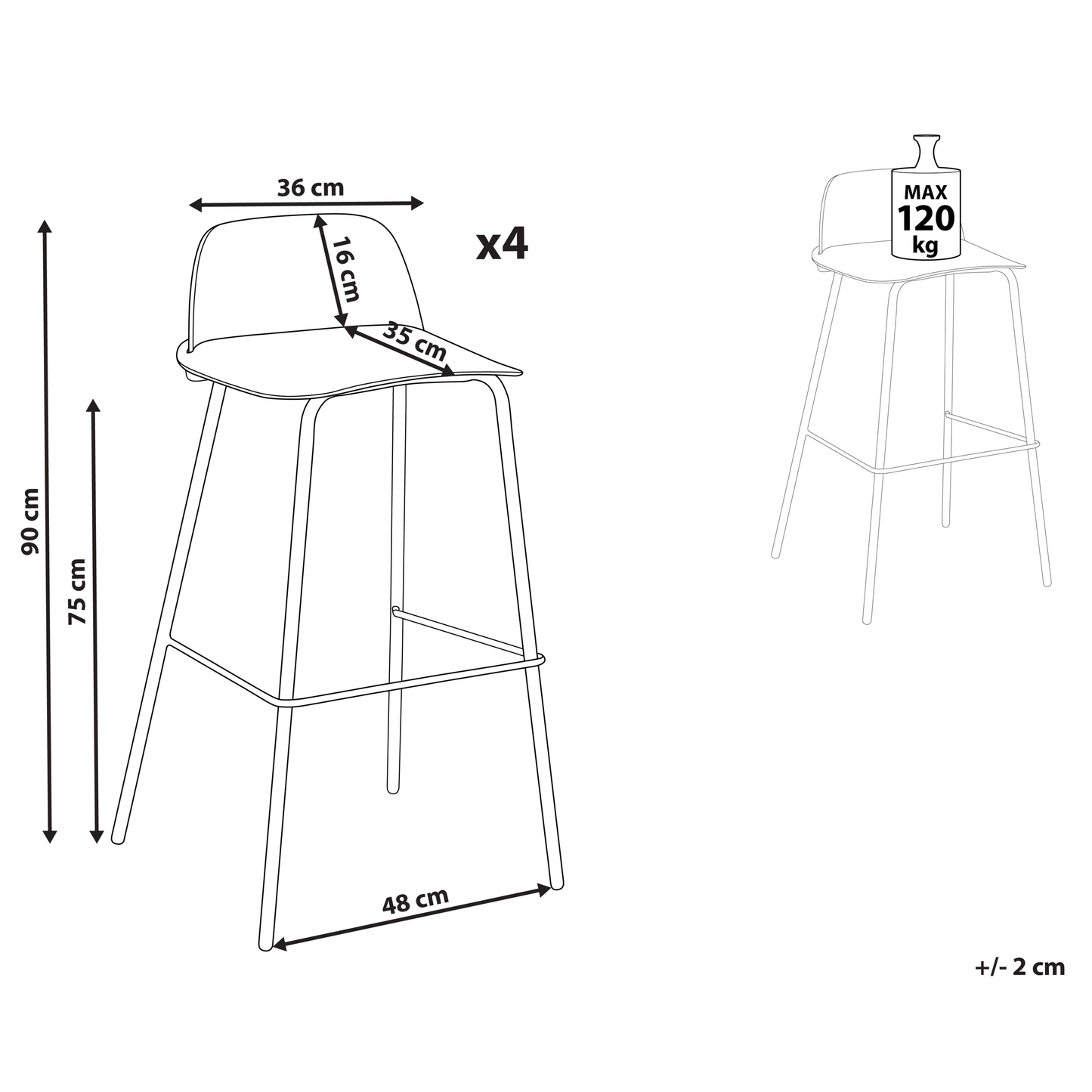Set Of 4 White Bar Stools With Synthetic Seats And Metal Legs 90cm