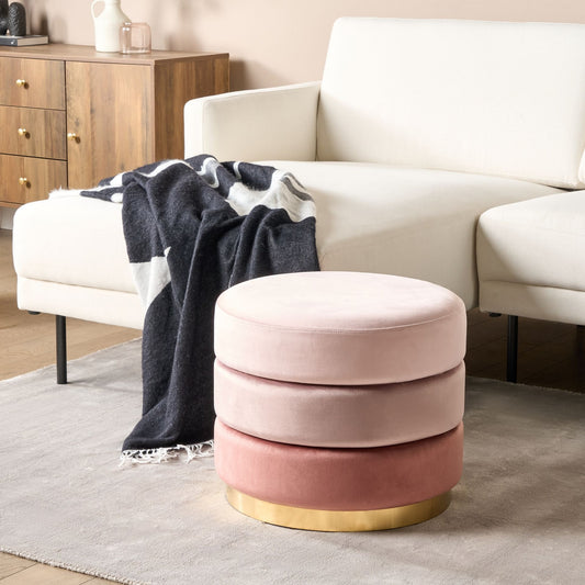 Living Ombre Pink Velvet Footstool 48 x 48 Round With Gold Base Modern Glam Pouffe