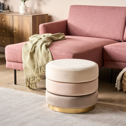 Ombre Beige Velvet Footstool Round 48 x 48cm Gold Base