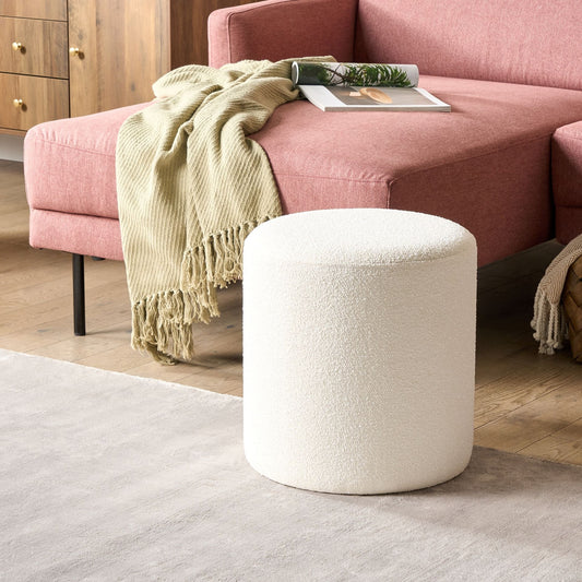 Pouffe White Boucle Round 39 x 39 x 41cm Footstool Modern Living Room Accent Furniture