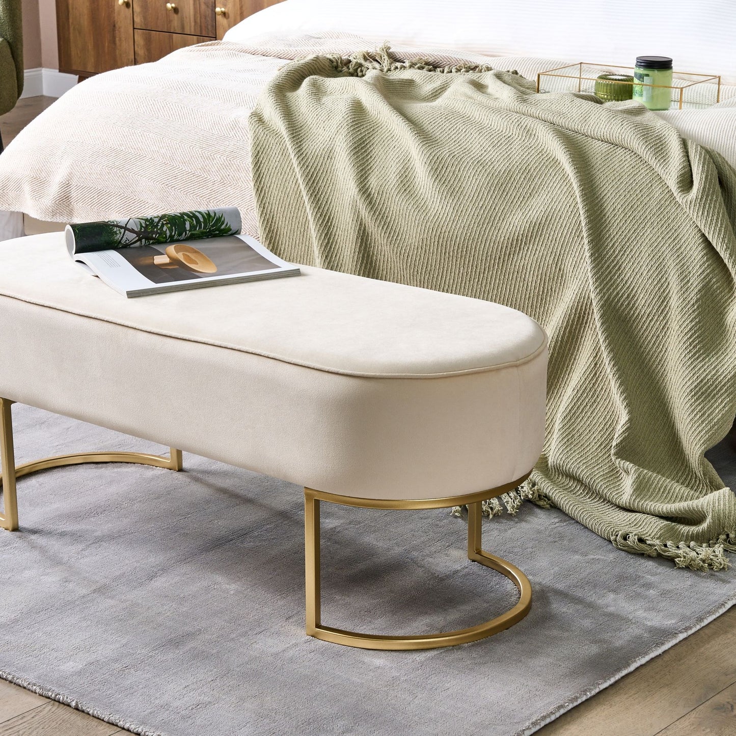Beige Velvet Upholstered Bench With Gold Metal Legs Elegant Living Room Bed Stool