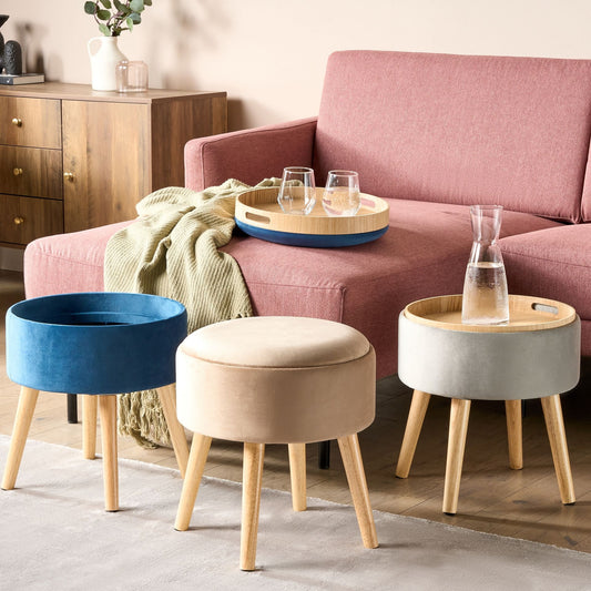 Home Velvet Stool With Storage Tray Top Beige