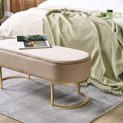 Velvet Beige Bed Bench With Gold Metal Legs