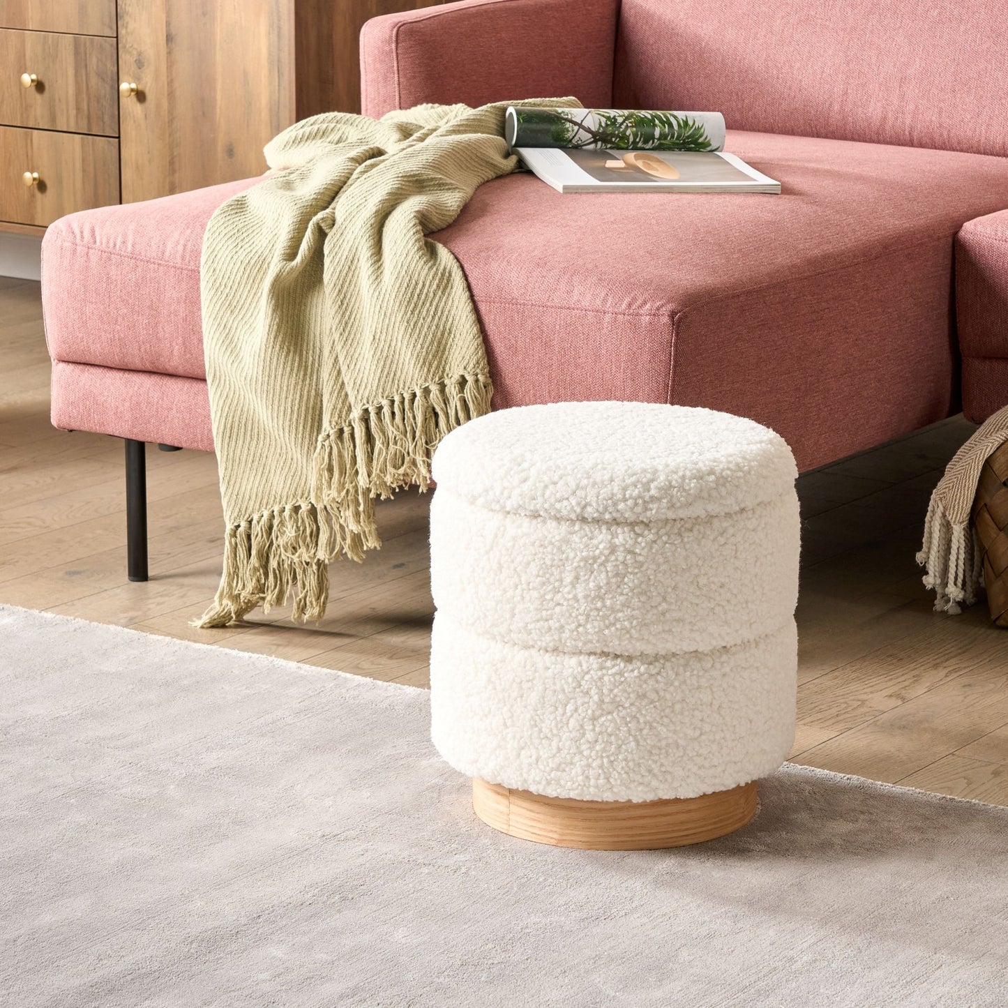 Teddy Boucle Pouffe White Footstool With Storage