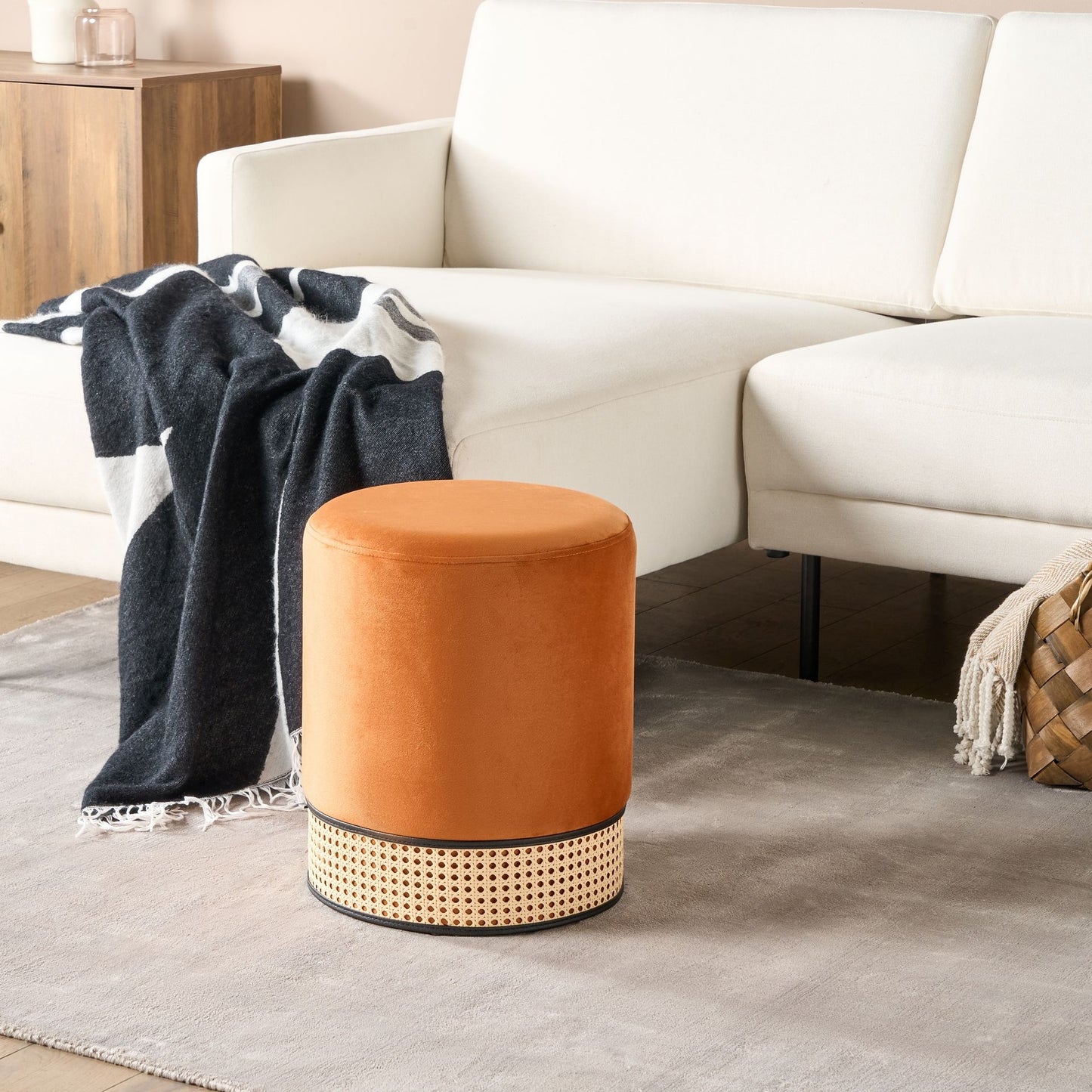 Pouffe Orange Velvet Upholstered Stool With Rattan Ring