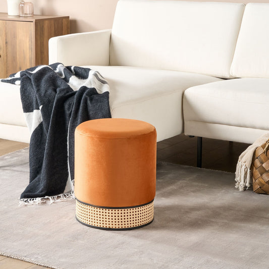 Pouffe Orange Velvet Upholstered Stool With Rattan Ring
