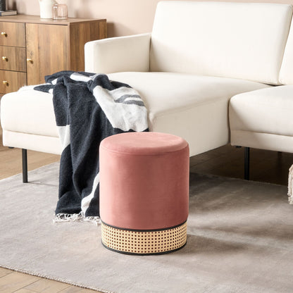 Home Pink Velvet Pouffe With Natural Rattan Weave Ring Base For Boho Chic Living Room