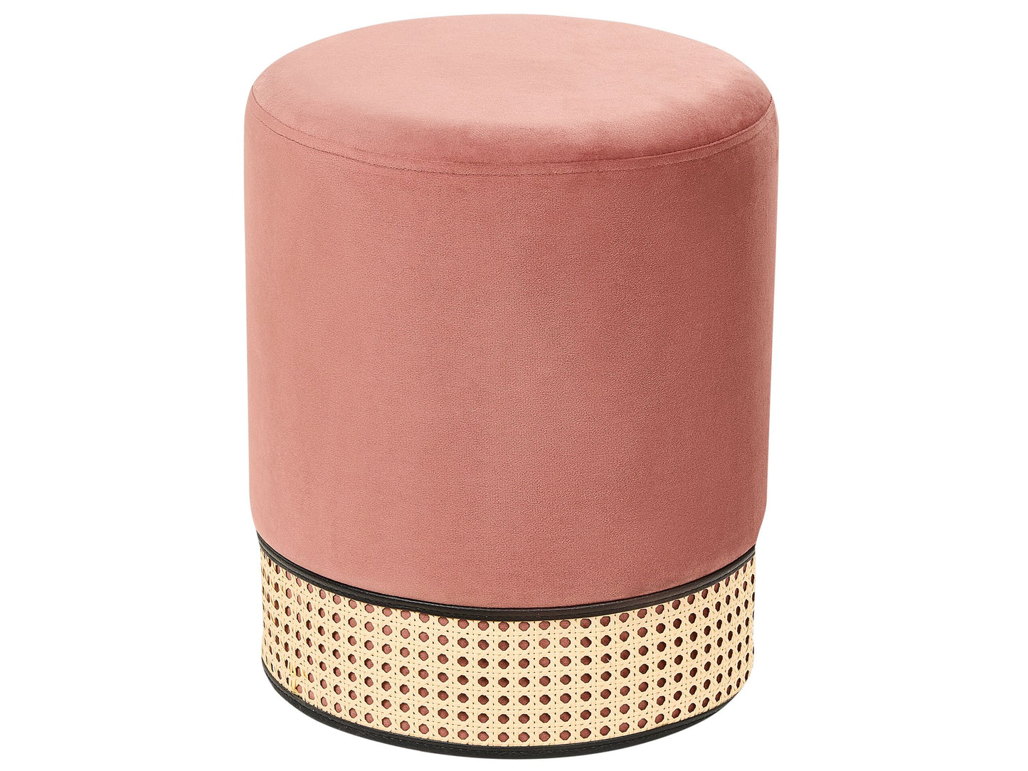 Home Pink Velvet Pouffe With Natural Rattan Weave Ring Base For Boho Chic Living Room