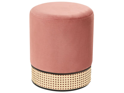 Home Pink Velvet Pouffe With Natural Rattan Weave Ring Base For Boho Chic Living Room