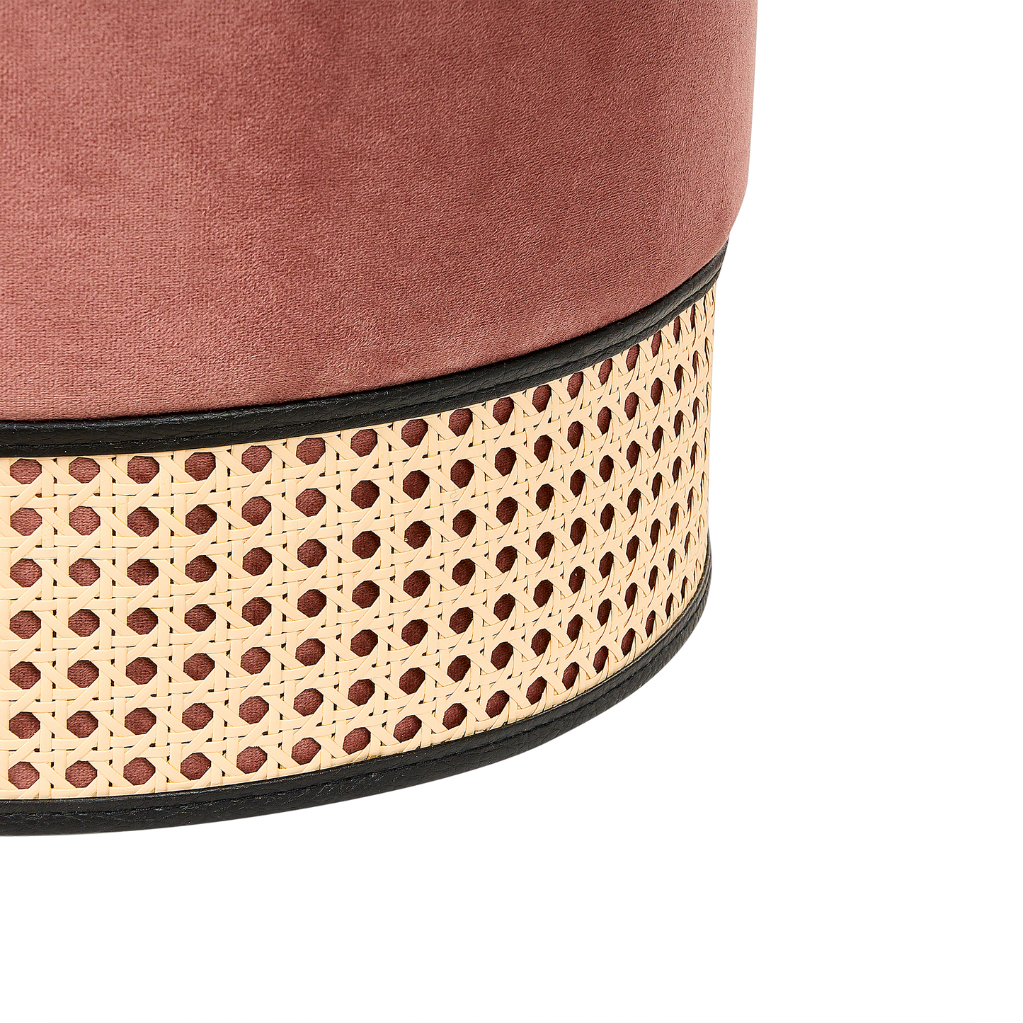 Home Pink Velvet Pouffe With Natural Rattan Weave Ring Base For Boho Chic Living Room
