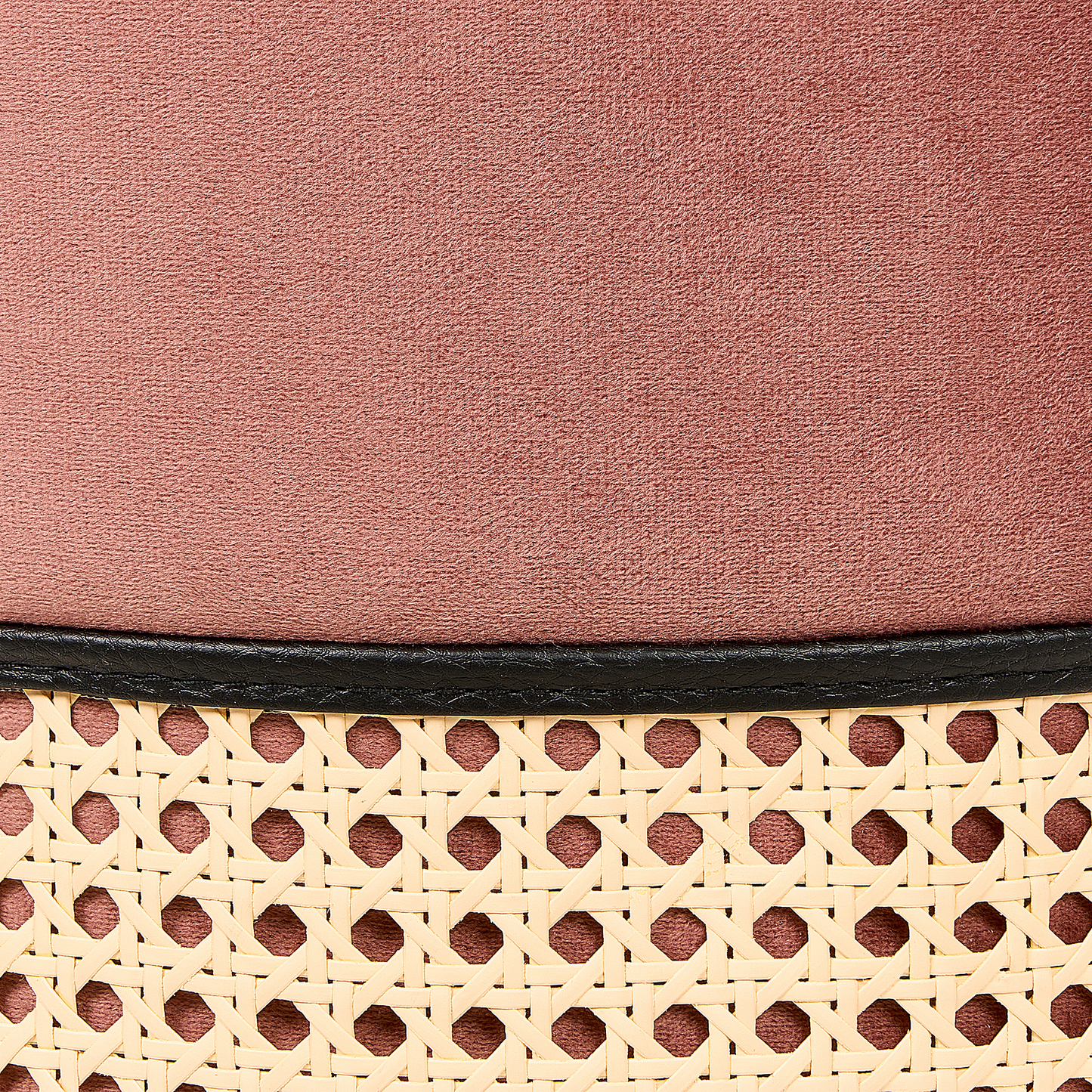 Home Pink Velvet Pouffe With Natural Rattan Weave Ring Base For Boho Chic Living Room