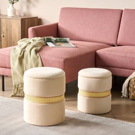 Beige Velvet Pouffes Set of 2 With Storage and Rattan Bands