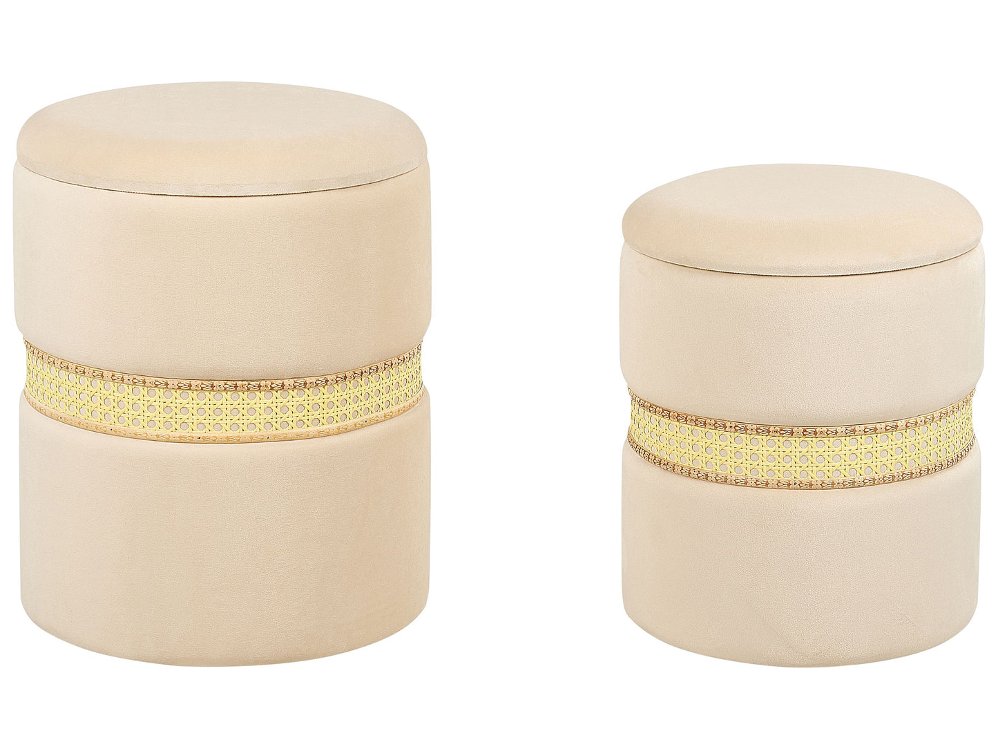 Beige Velvet Pouffes Set of 2 With Storage and Rattan Bands