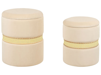 Beige Velvet Pouffes Set of 2 With Storage and Rattan Bands