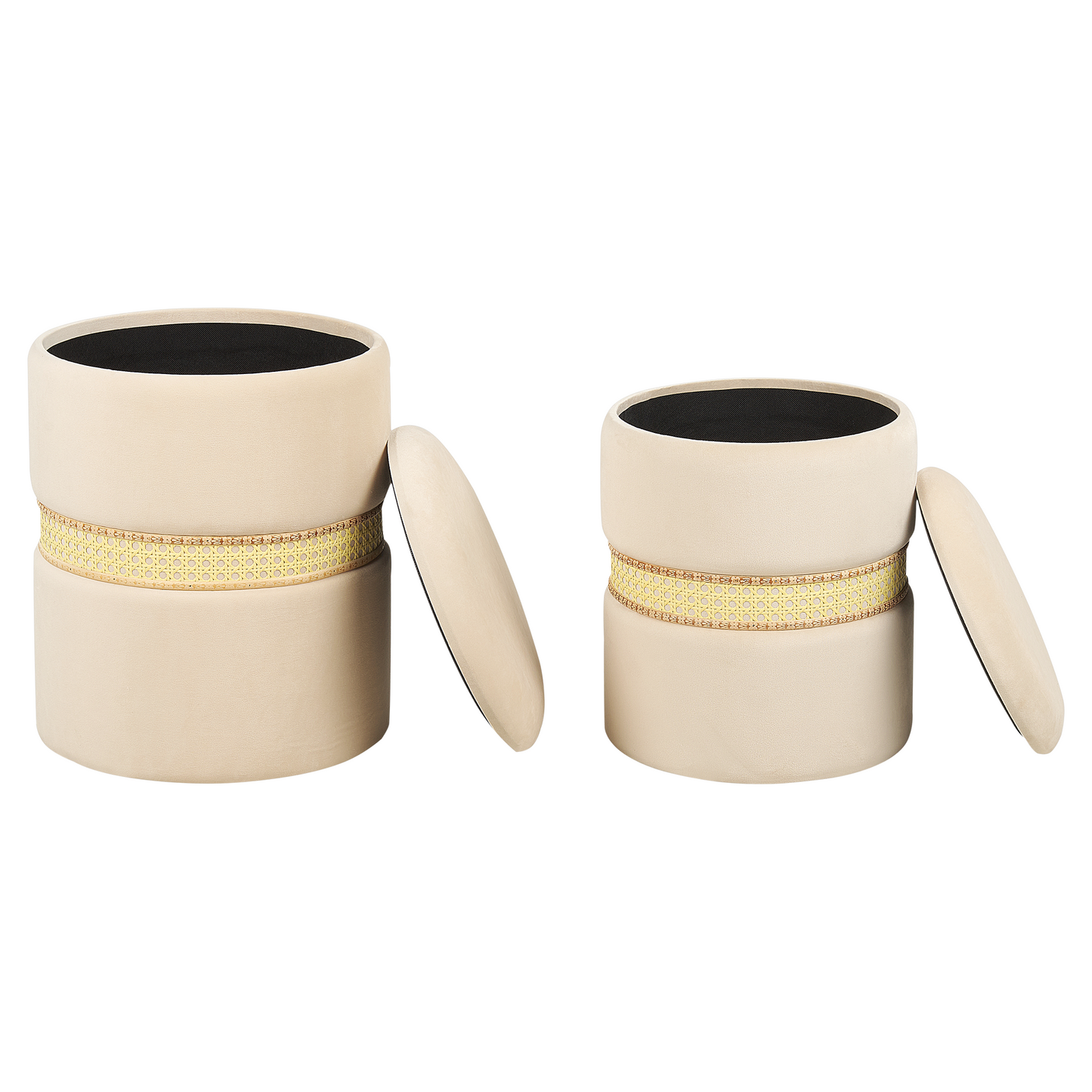 Beige Velvet Pouffes Set of 2 With Storage and Rattan Bands
