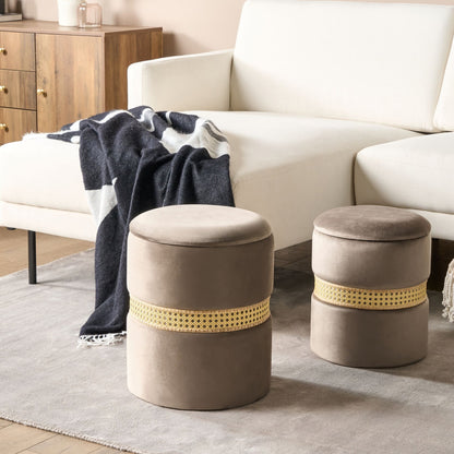 Velvet Pouffes Set Of 2 Cream Taupe With Rattan Bands Storage