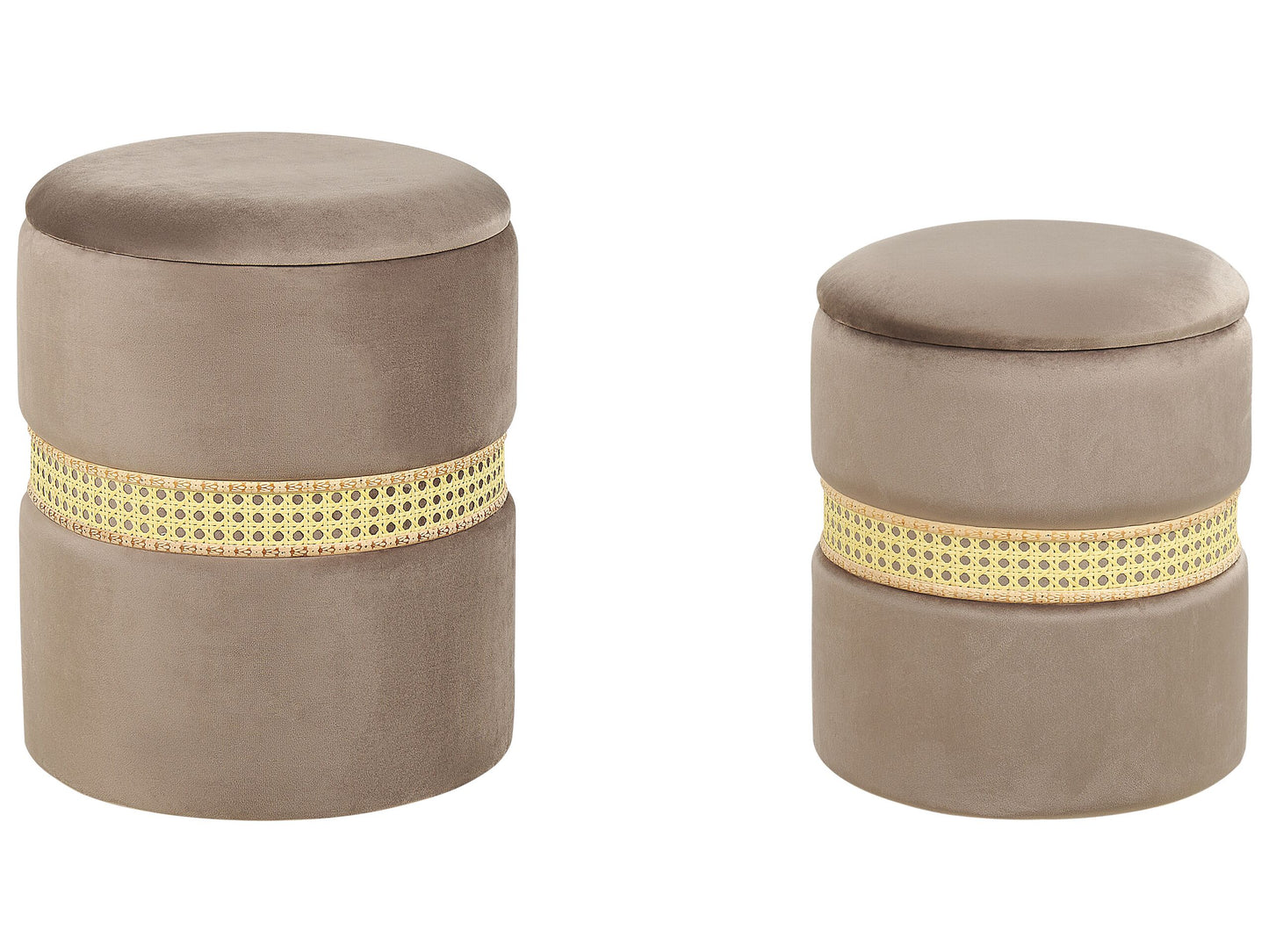 Velvet Pouffes Set Of 2 Cream Taupe With Rattan Bands Storage