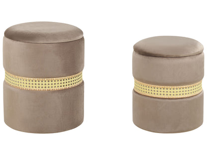 Velvet Pouffes Set Of 2 Cream Taupe With Rattan Bands Storage