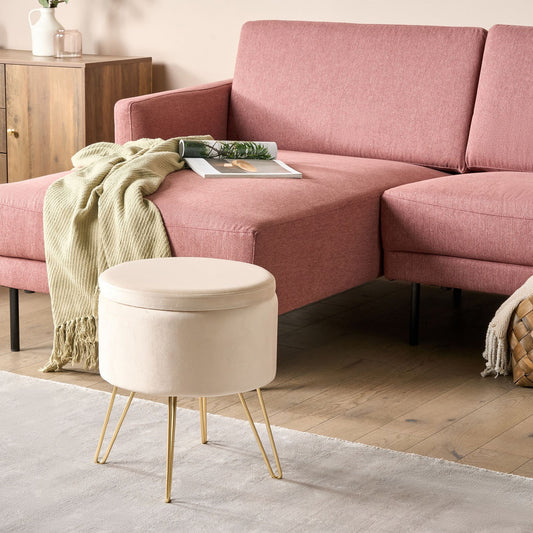 Storage Pouffe Light Beige Velvet 42 x 42 x 44cm With Gold Metal Legs