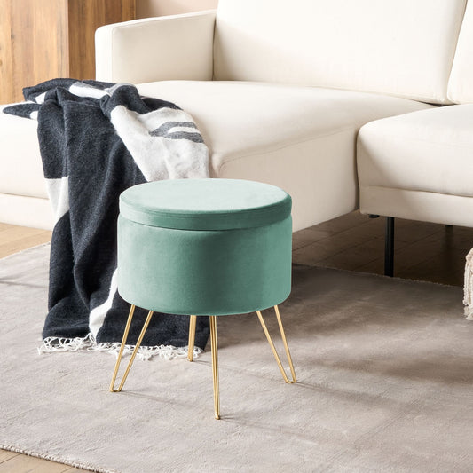 Velvet Storage Pouffe Mint Green Gold Legs 42 x 42 x 44cm
