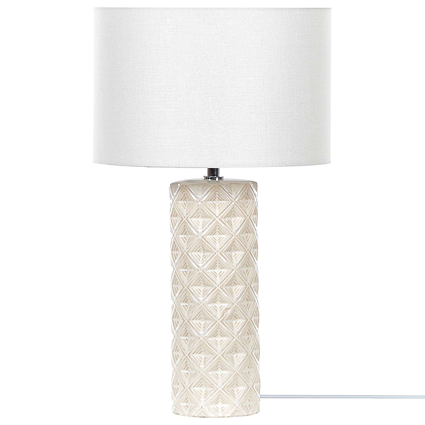 Geometric Beige Ceramic Table Lamp With White Drum Shade 49cm Tall Bedroom Living Room