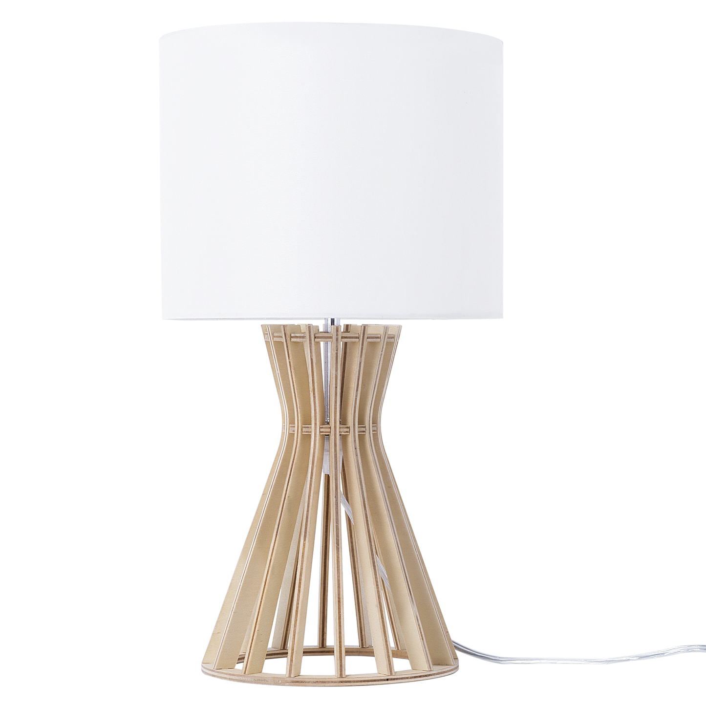 Table Lamp With Light Brown Wood Base And White Polycotton Shade For Modern Interiors