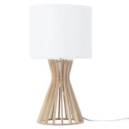 Table Lamp With Light Brown Wood Base And White Polycotton Shade For Modern Interiors