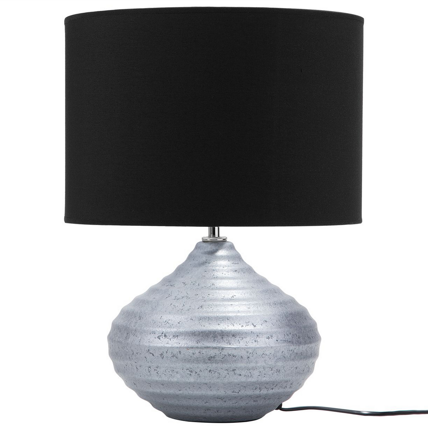 Table Lamp Silver Ceramic Ribbed Base With Black Shade 42cm