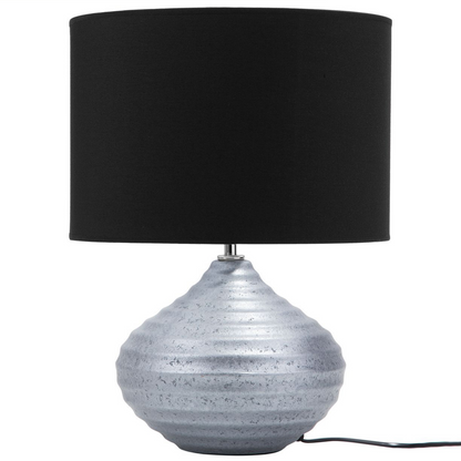 Table Lamp Silver Ceramic Ribbed Base With Black Shade 42cm