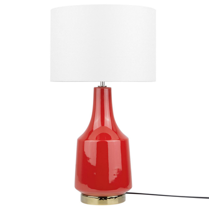 Table Lamp Red Ceramic Base With Gold Stand Off-White Shade